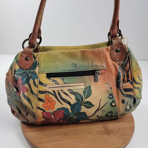 Anna Anuschka Butterfly Painted Leather Shoulder Tote Bag Satchel Purse Handbag - Picture 5 of 16